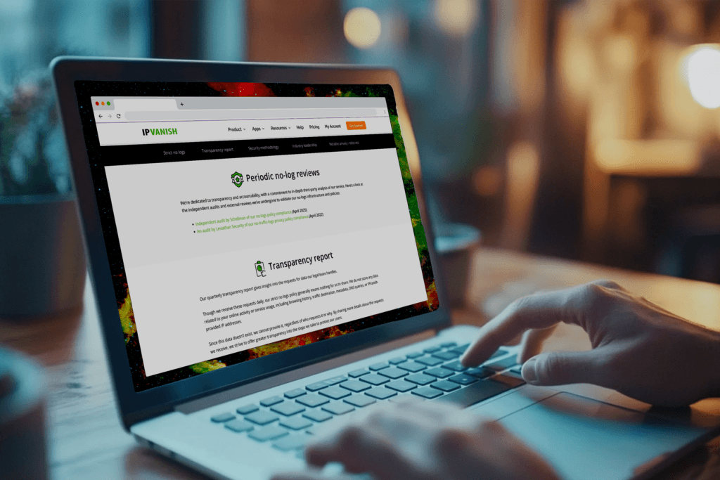 A laptop displaying the Transparency Report of the IPVanish VPN Trust Center