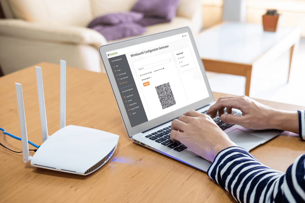 A person with a laptop and router, their screen displaying the IPVanish WireGuard Configurations Generator
