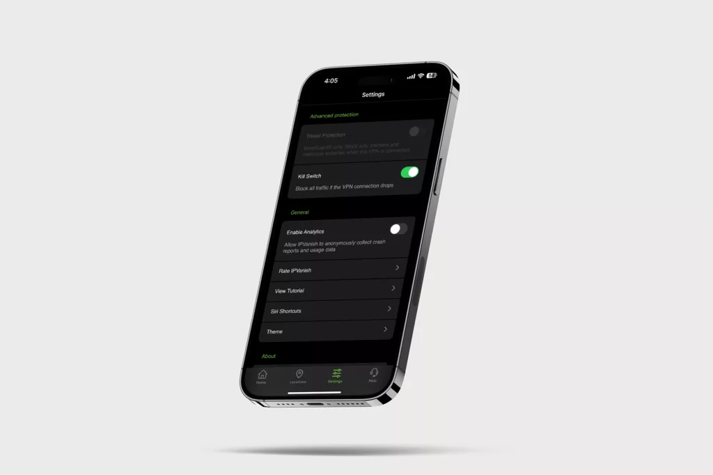 A render of the IPVanish VPN Kill Switch on an iPhone with a blank background